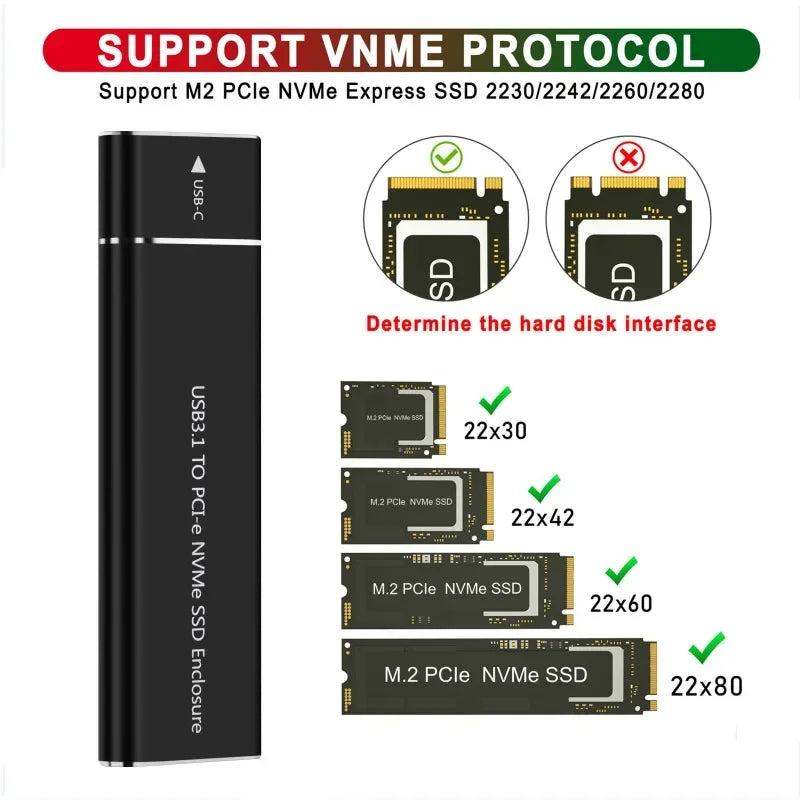 M.2 NVMe SSD Enclosure – USB-C Gen2 10Gbps with USB-A Cable