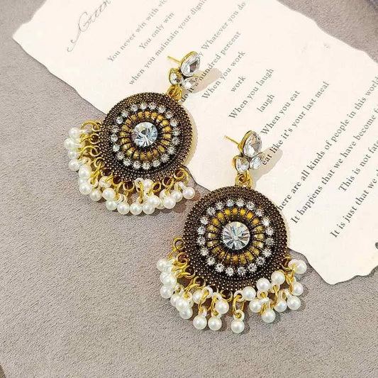 Antique Gold Rajasthani Jhumka Stones & Pearl Drops Earrings