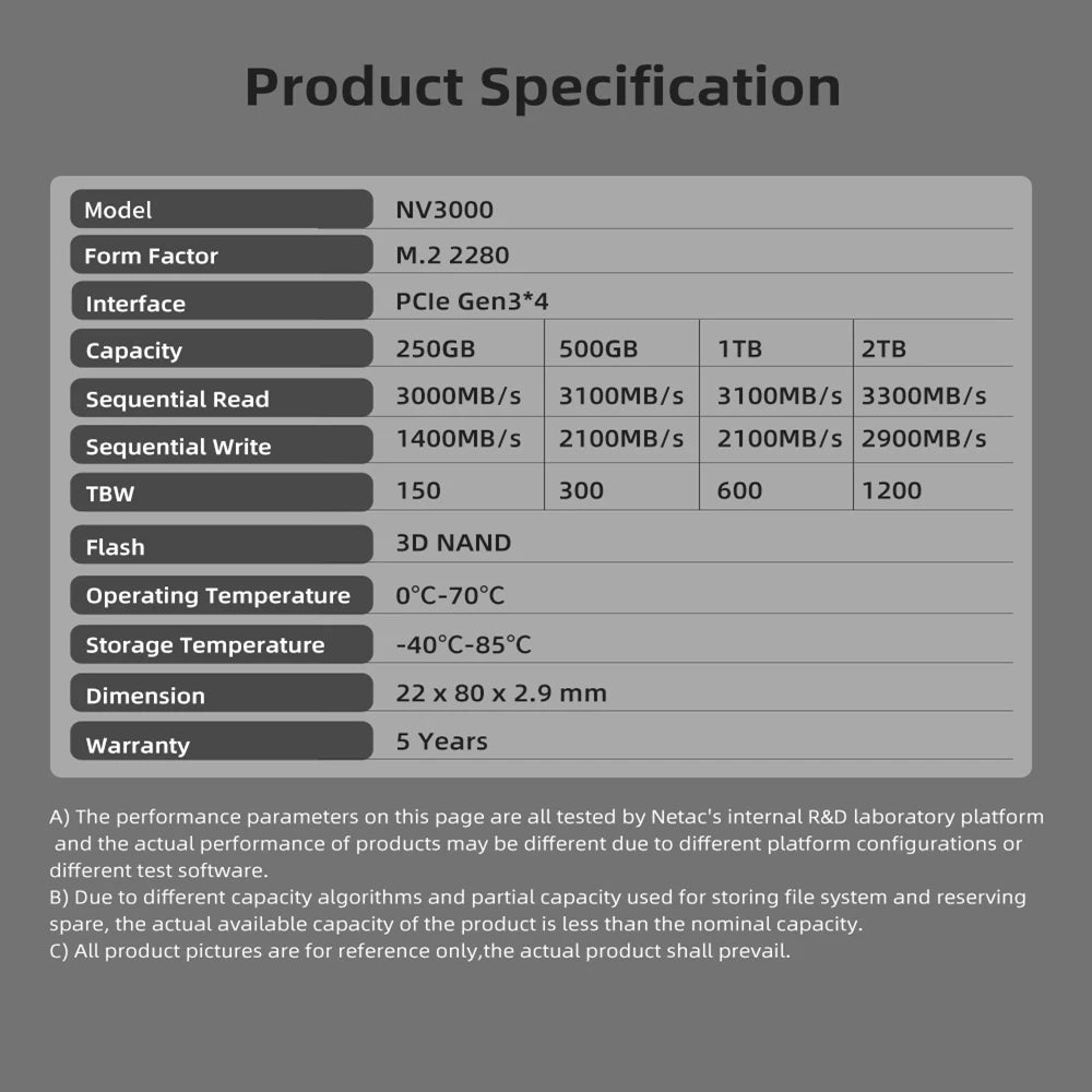 Netac NV3000 M.2 NVMe SSD – PCIe 3.0, Up to 3500MB/s (250GB–2TB)