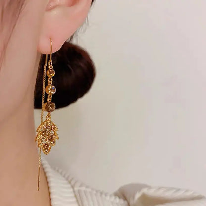 Diamond Zircon Leaf Tassel Earrings