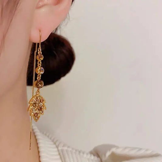 Diamond Zircon Leaf Tassel Earrings