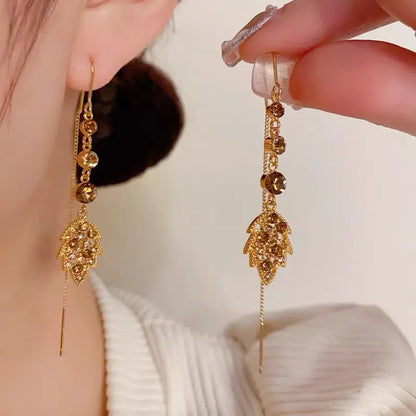 Diamond Zircon Leaf Tassel Earrings