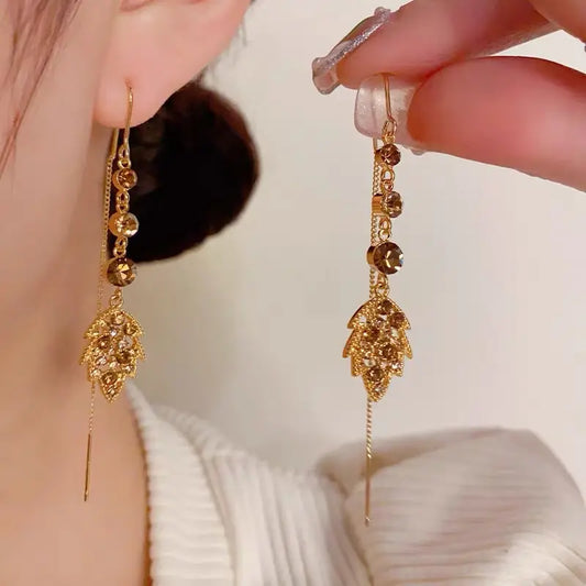 Diamond Zircon Leaf Tassel Earrings