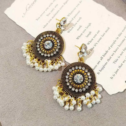 Antique Gold Rajasthani Jhumka Stones & Pearl Drops Earrings